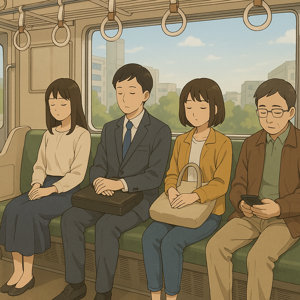 静かな日本の電車内で座る乗客