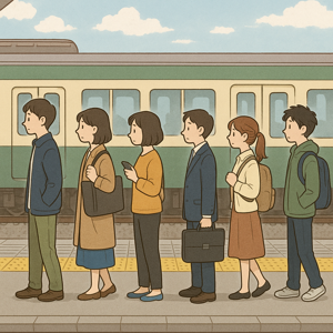 電車のホームで列にならんで待つ人たち