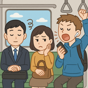 電車内で静かに座る日本人の乗客と、まわりの迷惑を気にする女性の様子を描いたイラスト