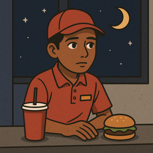 夜おそくまで働く外国人アルバイト。日本の飲食店で疲れた表情のイラスト