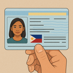日本でバイトをするための在留カード例を示したフィリピン人のイラスト